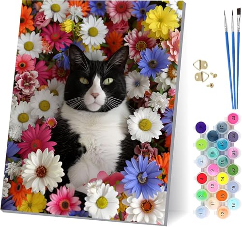 Katze Malen Nach Zahlen Erwachsene Mit Rahmen, Malen Nach Zahlen Blume, DIY Set Erwachsene Mit 3 Pinseln und Acrylfarbe Knitterfreie Leinwand, Paint by Numbers für Deko Wohnzimmer 70x95cm O-7649 von MAYUPEOU
