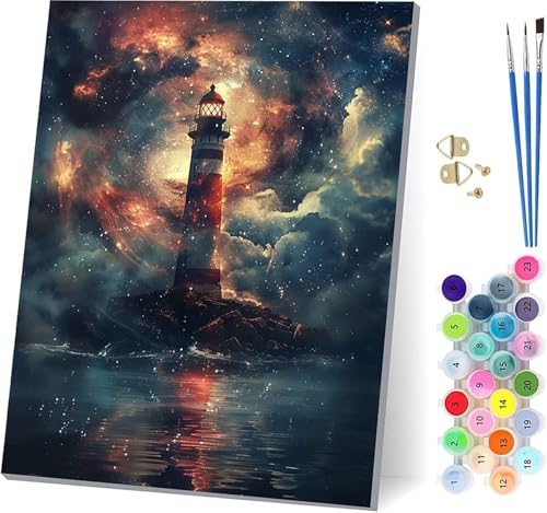 Leuchtturm Malen Nach Zahlen Erwachsene Mit Rahmen, Malen Nach Zahlen Landschaft, DIY Set Erwachsene Mit 3 Pinseln und Acrylfarbe, Paint by Numbers für Deko Wohnzimmer Geschenke 70x95cm E-2009 von MAYUPEOU