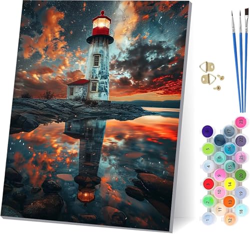 Leuchtturm Malen Nach Zahlen Erwachsene Mit Rahmen, Malen Nach Zahlen Sonnenuntergang, DIY Set Erwachsene Mit 3 Pinseln und Acrylfarbe, Paint by Numbers für Deko Wohnzimmer Geschenke 70x95cm 3-2625 von MAYUPEOU