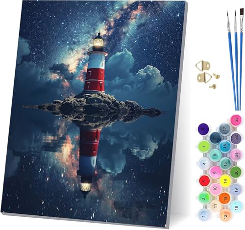 Leuchtturm Malen Nach Zahlen Erwachsene Mit Rahmen, Malen Nach Zahlen Sternenhimmel, DIY Set Erwachsene Mit 3 Pinseln und Acrylfarbe, Paint by Numbers für Deko Wohnzimmer und Wanddeko 70x95cm 2-8050 von MAYUPEOU