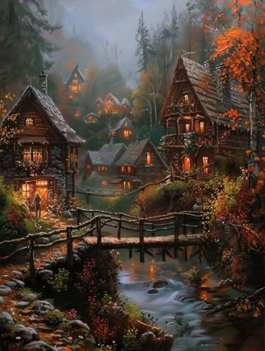 Malen Nach Zahlen Erwachsene HäUser Malen Nach Zahlen, Landschaft Paint by Numbers Adult, DIY Handgemalt Ölgemälde Kit mit 3 Pinseln und Acrylfarbe, Deko Wohnzimmer, Geschenke (60x80cm) H-5774 von MAYUPEOU