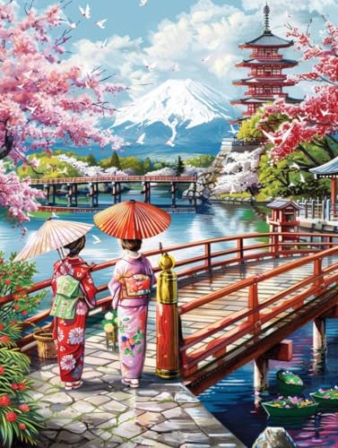 Malen Nach Zahlen Erwachsene Japanerin, Vulkan Fuji Malen Nach Zahlen Kinder, Paint by Numbers DIY Set Erwachsene, Handgemalt Ölgemälde Kit mit 3 Pinseln und Acrylfarbe, Wanddeko, (60x70cm) L-8492 von MAYUPEOU