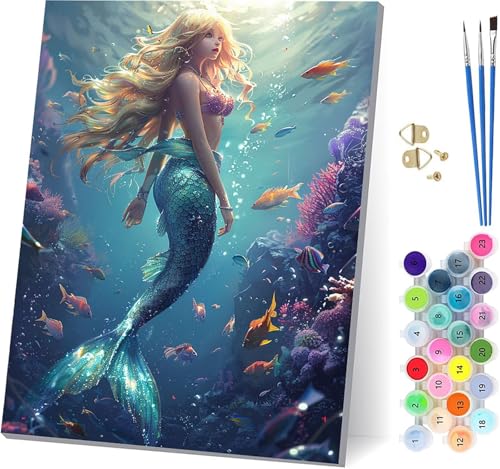Meerjungfrau Malen Nach Zahlen Erwachsene Mit Rahmen, Malen Nach Zahlen Fisch, DIY Set Erwachsene Mit 3 Pinseln und Acrylfarbe, Paint by Numbers für Deko Wohnzimmer und Wanddeko 70x95cm 2-3049 von MAYUPEOU