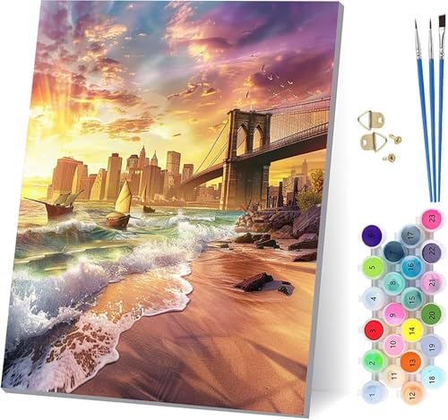 Stadt Malen Nach Zahlen Erwachsene Mit Rahmen, Malen Nach Zahlen Brooklyn Bridge, DIY Set Erwachsene Mit 3 Pinseln und Acrylfarbe, Paint by Numbers für Deko Wohnzimmer Geschenke 40x50cm 3-3998 von MAYUPEOU