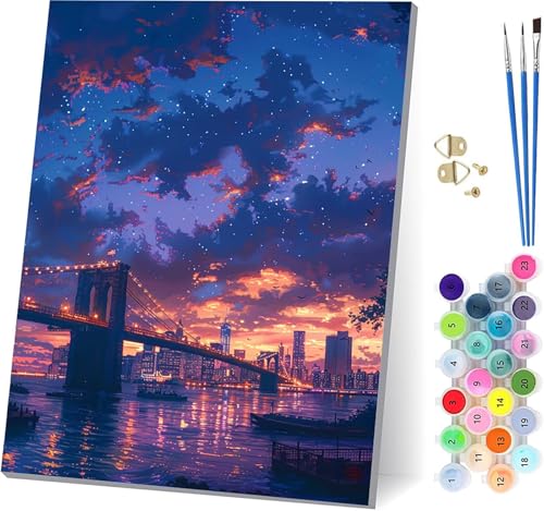 Stadt Malen Nach Zahlen Erwachsene Mit Rahmen, Malen Nach Zahlen Brooklyn Bridge, DIY Set Erwachsene Mit 3 Pinseln und Acrylfarbe, Paint by Numbers für Deko Wohnzimmer Geschenke 40x50cm S-9810 von MAYUPEOU