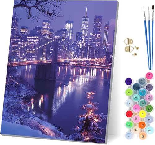 Stadt Malen Nach Zahlen Erwachsene Mit Rahmen, Malen Nach Zahlen Brooklyn Bridge, DIY Set Erwachsene Mit 3 Pinseln und Acrylfarbe, Paint by Numbers für Deko Wohnzimmer Geschenke 70x95cm 6-2326 von MAYUPEOU