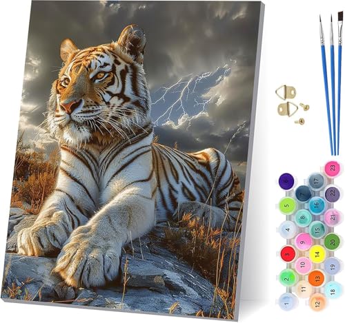Tiger Malen Nach Zahlen Erwachsene Mit Rahmen, Malen Nach Zahlen Tier, DIY Set Erwachsene Mit 3 Pinseln und Acrylfarbe, Paint by Numbers für Deko Wohnzimmer, Geschenke für Frauen 70x95cm 4-5485 von MAYUPEOU