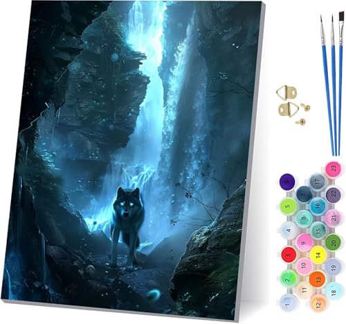 Wolf Malen Nach Zahlen Erwachsene Mit Rahmen, Malen Nach Zahlen Berg, DIY Set Erwachsene Mit 3 Pinseln und Acrylfarbe, Paint by Numbers für Deko Wohnzimmer, Geschenke für Frauen 70x95cm Z-6199 von MAYUPEOU