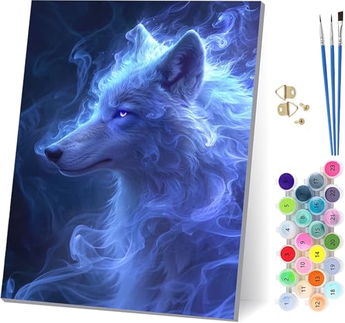 Wolf Malen Nach Zahlen Erwachsene Mit Rahmen, Malen Nach Zahlen Flamme, DIY Set Erwachsene Mit 3 Pinseln und Acrylfarbe Knitterfreie Leinwand, Paint by Numbers für Deko Wohnzimmer 70x95cm G-2099 von MAYUPEOU