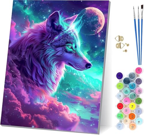 Wolf Malen Nach Zahlen Erwachsene Mit Rahmen, Malen Nach Zahlen Tier, DIY Set Erwachsene Mit 3 Pinseln und Acrylfarbe, Paint by Numbers für Deko Wohnzimmer, Geschenke für Frauen 40x50cm 9-7481 von MAYUPEOU