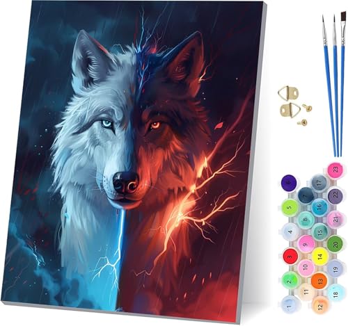 Wolf Malen Nach Zahlen Erwachsene Mit Rahmen, Malen Nach Zahlen Tier, DIY Set Erwachsene Mit 3 Pinseln und Acrylfarbe Knitterfreie Leinwand, Paint by Numbers für Deko Wohnzimmer 40x50cm L-7456 von MAYUPEOU