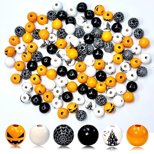 Halloween-Perlen zum Basteln – 120 Stück bemalte Holzperlen in Schwarz, Orange und Weiß – Kürbisgesicht, Spinnennetz und Schlossdrucke – perfekt für Girlanden, Kranz, Armbänder mit Hanfseil (16 mm) von MAZVYLF