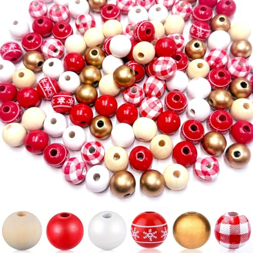 Weihnachts-Holzperlen-Set – 120 Stück, rot, weiß, gold, Büffelkaro & Schneeflocken-Perlen für DIY-Girlande, Handwerk, Ornamente, Urlaubsdekorationen mit Hanfseil (16 mm) von MAZVYLF