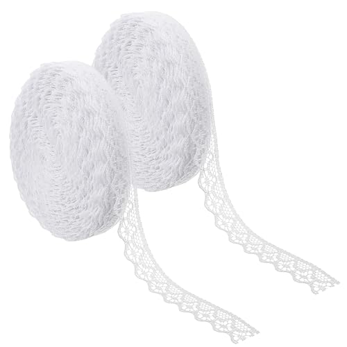 MBAIYO 2 Rollen Weiß Spitzenband, 30M Vintage Spitzenborte Dekoband, 1.5cm Breite Baumwolle Vintage Weiss Spitze, Häkelspitze Dekoband, Für Hochzeitsdeko DIY Basteln Nähen Geschenkverpackung Deko von MBAIYO