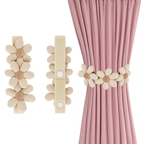 MBAIYO 2 Stück Vorhang Raffhalter, Blumen Gardinen Raffhalter Elastisch Vorhang Halter mit Verstellbaren Riemen Süße Boho Dekorative Vorhanghalter Beige Gardinen Seil für Haus Büro Kinderzimmer von MBAIYO