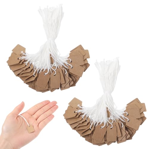 MBAIYO 200Stück Kleine Anhänger Etiketten, Preisschilder Anhänger 2,5 x 1,5cm Kraftpapier Preis Anhänger Geschenkanhänger mit Faden Braun und Weiß Handmade Hängeetiketten für Kleidung Schmuck Display von MBAIYO