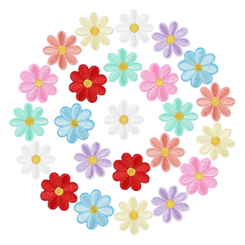 MBAIYO 24 Stück Gänseblümchen Patches zum Aufbügeln, 8 Farben Blumen Bügelflicken Florale Flicken Zum Aufbügeln Bestickte Applikation Kinder Erwachsene DIY-Reparatur-Dekoration für Kleid Jeans Jacken von MBAIYO