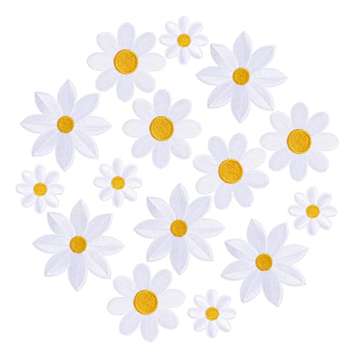 MBAIYO 3 Größen Gänseblümchen Patches zum Aufbügeln, 15 Stück Blumen Flicken Zum Aufbügeln Weiß Bügel Patches Bestickte Applikation Bügelbilder für Textilien Zum Erwachsene Kinder Kleid Jeans DIY von MBAIYO