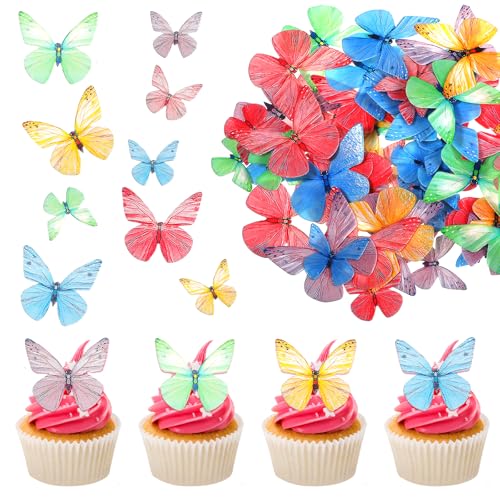 MBAIYO 72 Stück Essbare Schmetterlinge Tortendeko, Essbar Schmetterling Cupcake Topper Esspapier Muffin Deko Waffel Papier Kuchen Deko für Torte Zum Hochzeit Geburtstag Party Taufe von MBAIYO