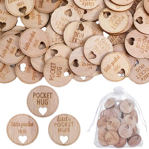MBAIYO Taschenumarmungen aus Holz, kleines Herz, rund, mit 3 Organzabeuteln für Beerdigungen, Gedenkgeschenke, Lebensgeschenke, 150 Stück von MBAIYO