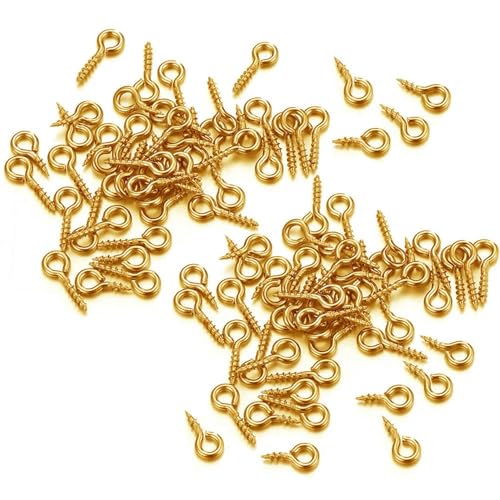 MBHHU Kleine Ösenstifte mit Schraubverschluss aus Edelstahl, kleine winzige Mini-Ösenstifte, Ösenhaken, Schraubverschlusshaken for die Schmuckherstellung(Gold Color-100pcs,4x10mm) von MBHHU