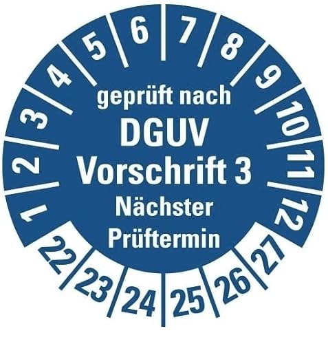 100 Stück – Mehrjahresprüfplakette „geprüft DGUV Vorschrift 3 Nächster Prüftermin 22-27“ Etikett Folie Aufkleber, blau | Ø15-40mm Made in Germany, Größe: Ø15 mm von MBS-SIGNS
