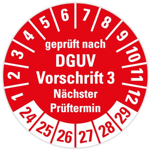 100 Stück – Mehrjahresprüfplakette „geprüft DGUV Vorschrift 3 Nächster Prüftermin 24-29“ Etikett Folie Aufkleber, rot | Ø 15-40 mm Made in Germany, Größe: Ø20 mm von MBS-SIGNS