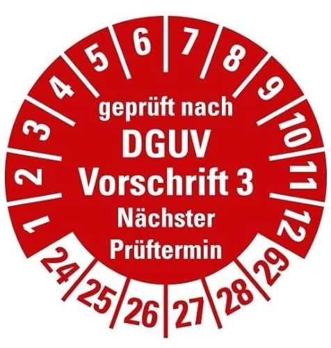 100 Stück – Mehrjahresprüfplakette „geprüft DGUV Vorschrift 3 Nächster Prüftermin 24-29“ Etikett Folie Aufkleber, rot | Ø15-40mm Made in Germany, Größe: Ø30 mm 100 Stück – Mehrjahresprüfplakette „geprüft DGUV Vorschrift 3 Nächster Prüftermin 24-29“ Etikett Folie Aufkleber, rot | Ø15-40mm Made in Germany, Größe: Ø30 mm von MBS-SIGNS