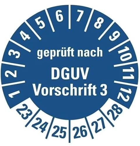 100 Stück – Mehrjahresprüfplakette „geprüft nach DGUV Vorschrift 3 | 23-28“ Etikett Folie Aufkleber, blau | Ø15-40mm Made in Germany, Größe: Ø30 mm von MBS-SIGNS