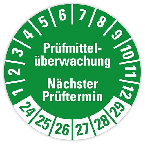 100 Stück - Prüfplakette Etikett „Prüfmittelüberwachung – Nächster Prüftermin | 24-29“ Etikett Folie Aufkleber, grün | Ø20-40mm Made in Germany, Größe: Ø20 mm von MBS-SIGNS