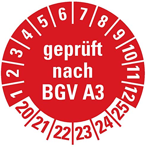 100 Stück - Prüfplakette Mehrjahresprüfplakette "geprüft nach BGV A3 | 20-25" Elektro Prüfung Etikett Folie Aufkleber, rot | Ø 20mm Made in Germany von MBS-SIGNS