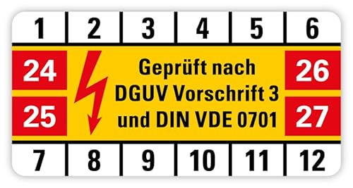 25x Prüfplakette elektrische Anlagen „DGUV Vorschrift 3 und DIN VDE 0701“ Hinweis Schild Folie, Varianten wählbar Made in Germany | 5 x 2,5 cm, Größen Name: Variante | Jahre 24-27 25x Prüfplakette elektrische Anlagen „DGUV Vorschrift 3 und DIN VDE 0701“ Hinweis Schild Folie, Varianten wählbar Made in Germany | 5 x 2,5 cm, Größen Name: Variante | Jahre 24-27 von MBS-SIGNS