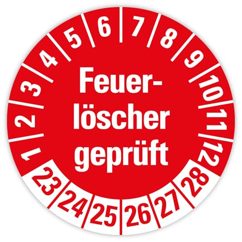 25x Prüfplaketten „Feuerlöscher geprüft 2023-2028" auf Bogen Folie, Rot | Ø 20-30 mm Made in Germany, Größe: Ø 20 mm von MBS SIGNS