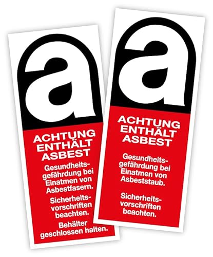 Aufkleber Gefahrenkennzeichnung „Achtung enthält Asbest“ für asbesthaltige Produkte Typ A+B Made in Germany | 5 x 12 cm, Größen Name: Typ A+B als Set | 5 x 12 cm von MBS-SIGNS