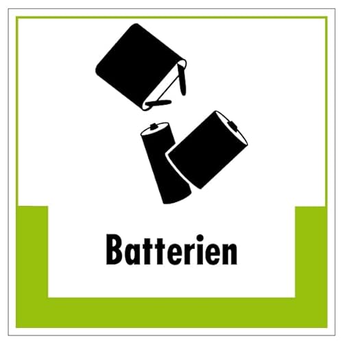 Aufkleber Hinweis Abfallkennzeichnung"Batterien" Müllentsorgung Recycling Schild Folie selbstklebend, grün | 5-40cm Made in Germany, Größe: 10x10 cm von MBS SIGNS