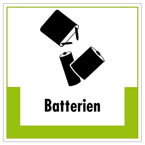 Aufkleber Hinweis Abfallkennzeichnung"Batterien" Müllentsorgung Recycling Schild Folie selbstklebend, grün | 5-40cm Made in Germany, Größe: 10x10 cm von MBS SIGNS