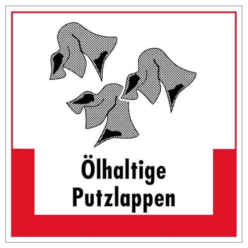 Aufkleber Hinweis Abfallkennzeichnung "Ölhaltige Putzlappen" Müllentsorgung Recycling Schild Folie selbstklebend, rot | 5-40cm Made in Germany, Größe: 20x20 cm von MBS SIGNS
