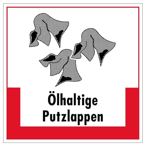 Aufkleber Hinweis Abfallkennzeichnung"Ölhaltige Putzlappen" Müllentsorgung Recycling Schild Folie selbstklebend, rot | 5-40cm Made in Germany, Größe: 20x20 cm von MBS SIGNS