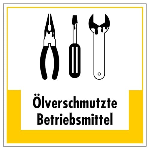 Aufkleber Hinweis Abfallkennzeichnung "Ölversschmutzte Betriebsmittel" Müllentsorgung Recycling Schild Folie selbstklebend, gelb | 5-40cm Made in Germany, Größe: 30x30 cm von MBS-SIGNS
