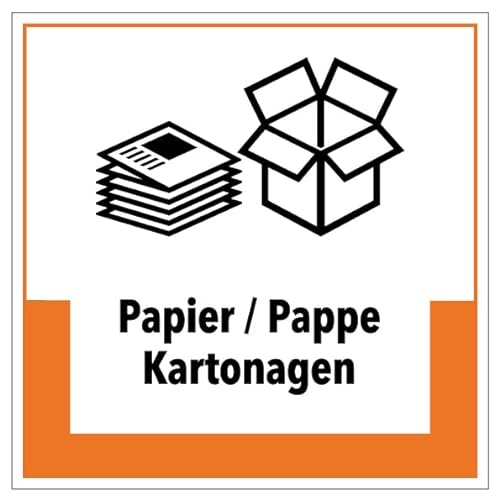Aufkleber Hinweis Abfallkennzeichnung"Papier/Pappe Kartonagen" Müllentsorgung Recycling Schild Folie selbstklebend, orange | 5-40cm Made in Germany, Größe: 10x10 cm von MBS SIGNS