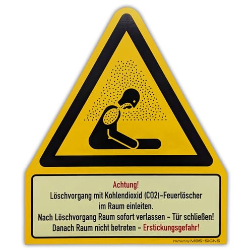 Aufkleber Kombi + Text „Achtung! Löschvorgang Kohlendioxid (CO2)-Feuerlöscher“ Symbol nach ISO 7010 W041 nachleuchtend | 210 x 245 mm Made in Germany, Anzahl der Artikelpakete: 3 Stück von MBS-SIGNS