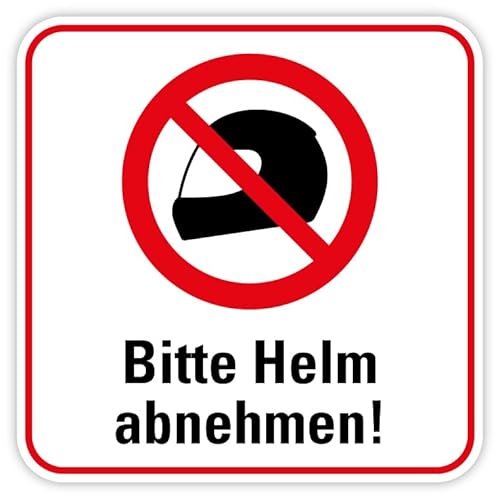 Aufkleber Verbot Hinweis „Bitte Helm abnehmen!“ Motorrad Symbol Schild Folie | 5-30 cm Made in Germany, Größen Name: Aufkleber | 10 x 10 cm von MBS-SIGNS