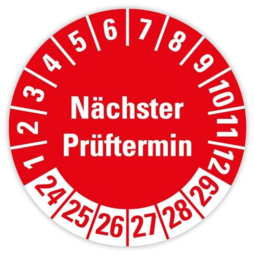 Mehrjahres Prüfplakette „Nächster Prüftermin 2024-2029“ Folie rot | Ø 20-40 mm Made in Germany, Größe: Ø 20 mm, Material: 25 Stück von MBS-SIGNS