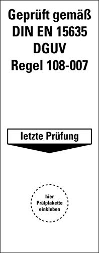 Prüfetikett Plakette "Geprüft gemäß DIN EN 15635 DGUV Regel 108-007" | Etikett Folie Aufkleber 100x40mm Made in Germany, Größe: 1 Stück von MBS-SIGNS