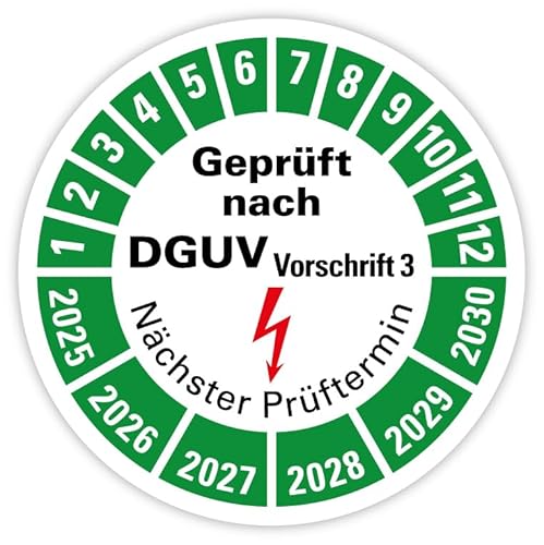 MBS-SIGNS Prüfplakette „Geprüft nach DGUV Vorschrift 3 | 2025-2030“ Nächster Prüftermin Folie Grün | Ø 20-40 mm Made in Germany, Größe: Ø 30 mm, Material: 100 Stück von MBS-SIGNS