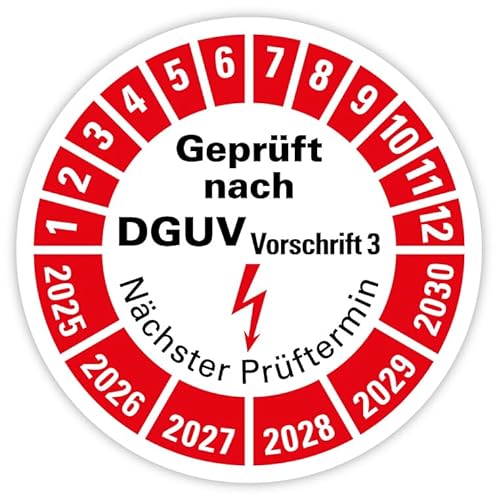 Prüfplakette „Geprüft nach DGUV Vorschrift 3 | 2025-2030“ Nächster Prüftermin Folie rot | Ø 20-40 mm Made in Germany, Größe: Ø 30 mm, Material: 100 Stück von MBS-SIGNS