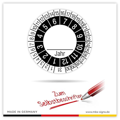 Prüfplakette „Tag Monat Jahr“ variabel beschriftbar Folie selbstklebend, s/w | Ø30mm | Made in Germany, Größe: 50 Stück | Ø30mm von MBS-SIGNS