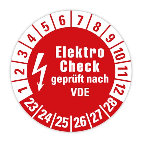 Prüfplakette Mehrjahresprüfplakette „Elektro Check geprüft nach VDE 2023-2028“ Folie selbstklebend rot | Ø 20-40 mm Made in Germany, Größe: 50 Stück | Ø 30 mm von MBS-SIGNS