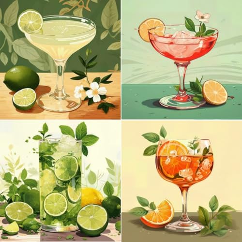 MBYAUYN Malen Nach Zahlen Erwachsene Summer Drink, DIY Handgemalt Ölgemälde Kit Weingläser 4-teiliges Set, Paint by Numbers Adult (20x20 cm), Adults and Beginners as Gift, Mit Pinseln und Acrylfarbe von MBYAUYN