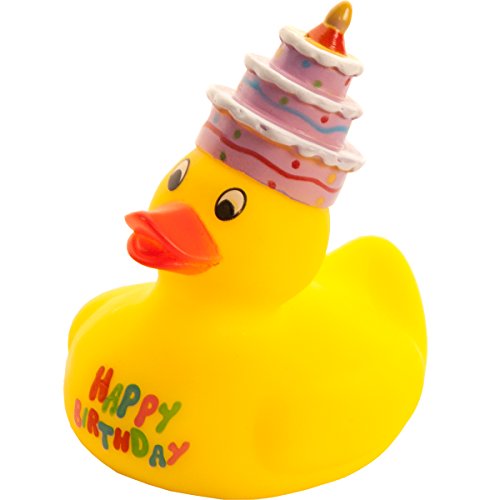 MC-TREND Happy Birthday Badeente Ente Quietscheente zum Geburtstag mit lustigen Kuchen Torte auf dem Kopf (1 Badeente) von MC-Trend